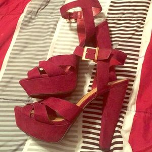 Burgundy velvet open toes high heels